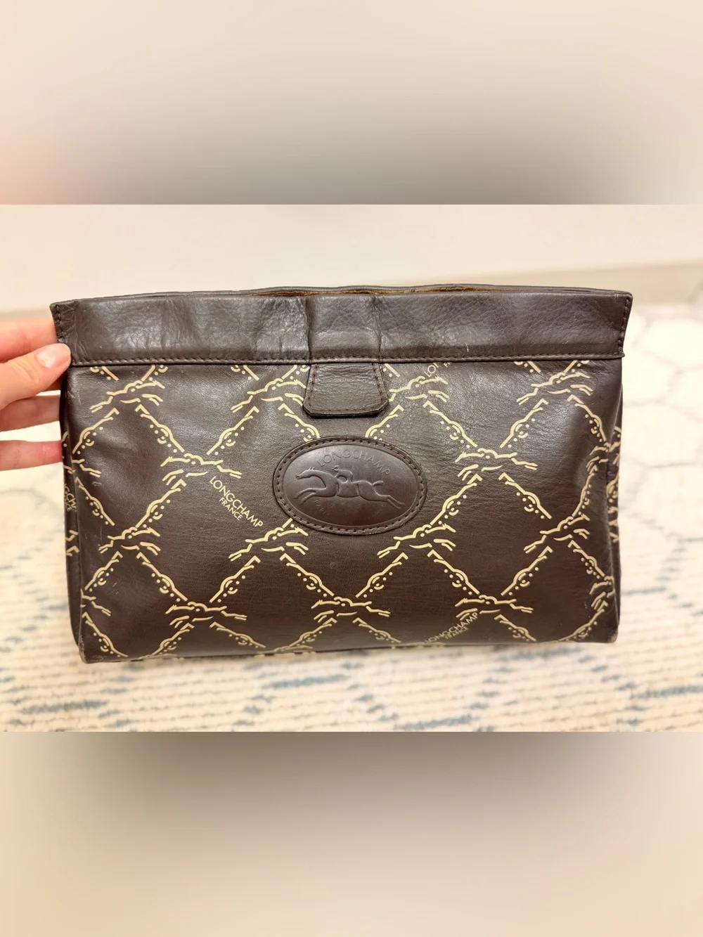 LONGCHAMP Vintage 80’s Unisex Brown Leather Monogram Pouch Clutch Made N France